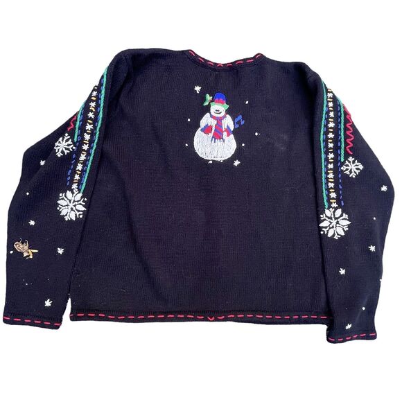Studio Works Vtg Ugly Christmas Cardigan Sweater M Black Embroidery Front Back - Picture 4 of 11